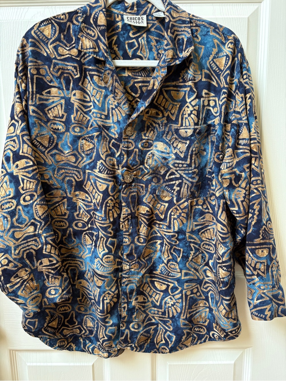 Chico's Navy and Gold Abstract Button-Front Shirt Jacket